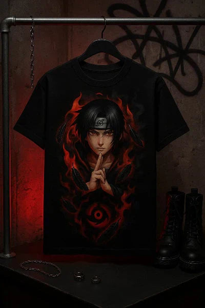 Itachi Uchiha Flame Aura Tee – Anime Streetwear Edition