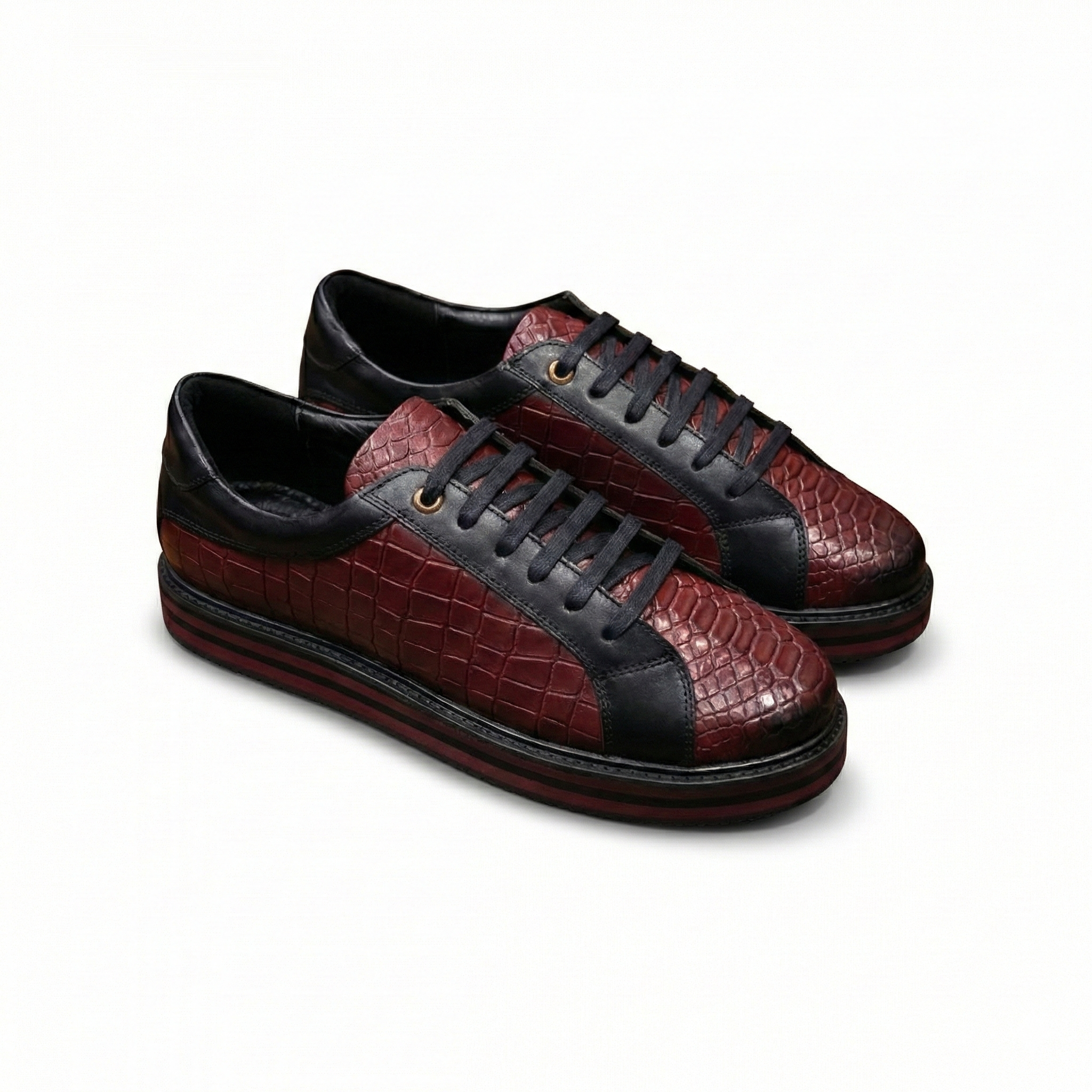 Luxury Croc-Embossed Leather Sneakers – Black & Burgundy