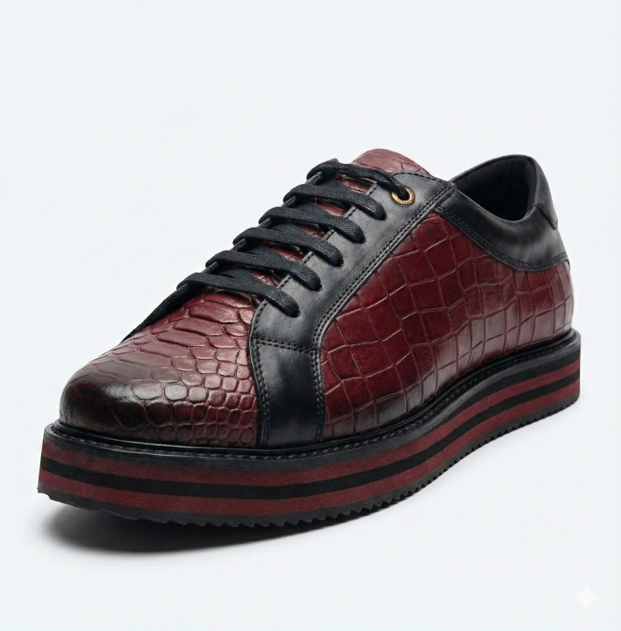 Luxury Croc-Embossed Leather Sneakers – Black & Burgundy