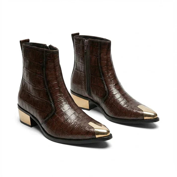 Textured Leather Chelsea Boots with Gold Toe & Heel