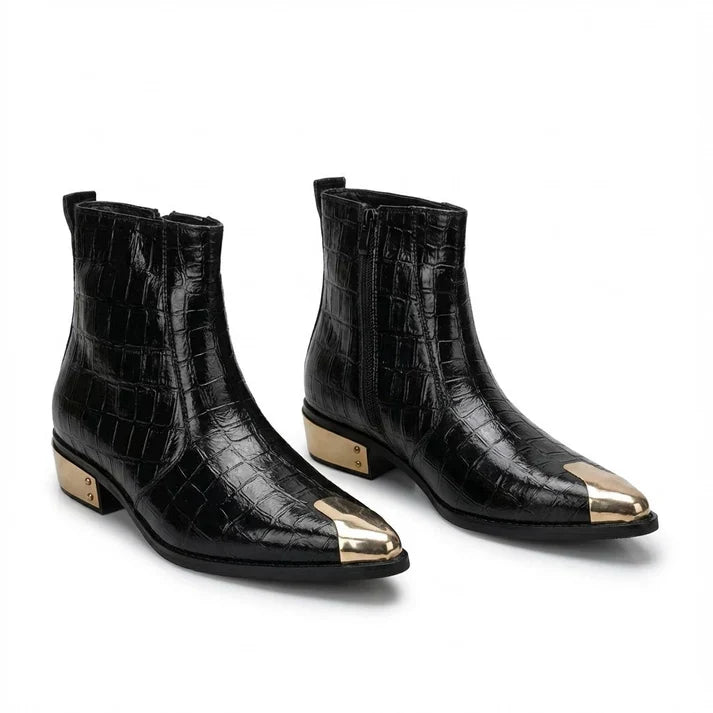 Textured Black Leather Chelsea with Gold Toe & Heel