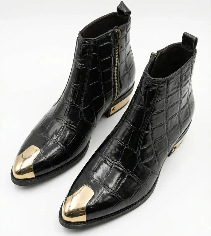 Patent Leather Chelsea Boots with Gold Toe & Heel