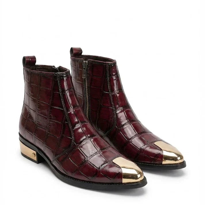 Textured Patent Leather Chelsea Boots with Gold Toe & Heel