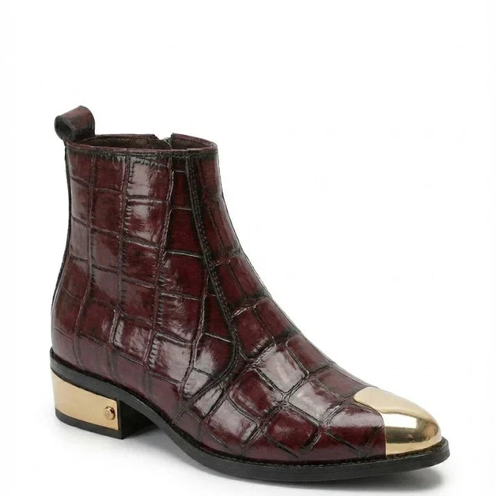 Textured Patent Leather Chelsea Boots with Gold Toe & Heel